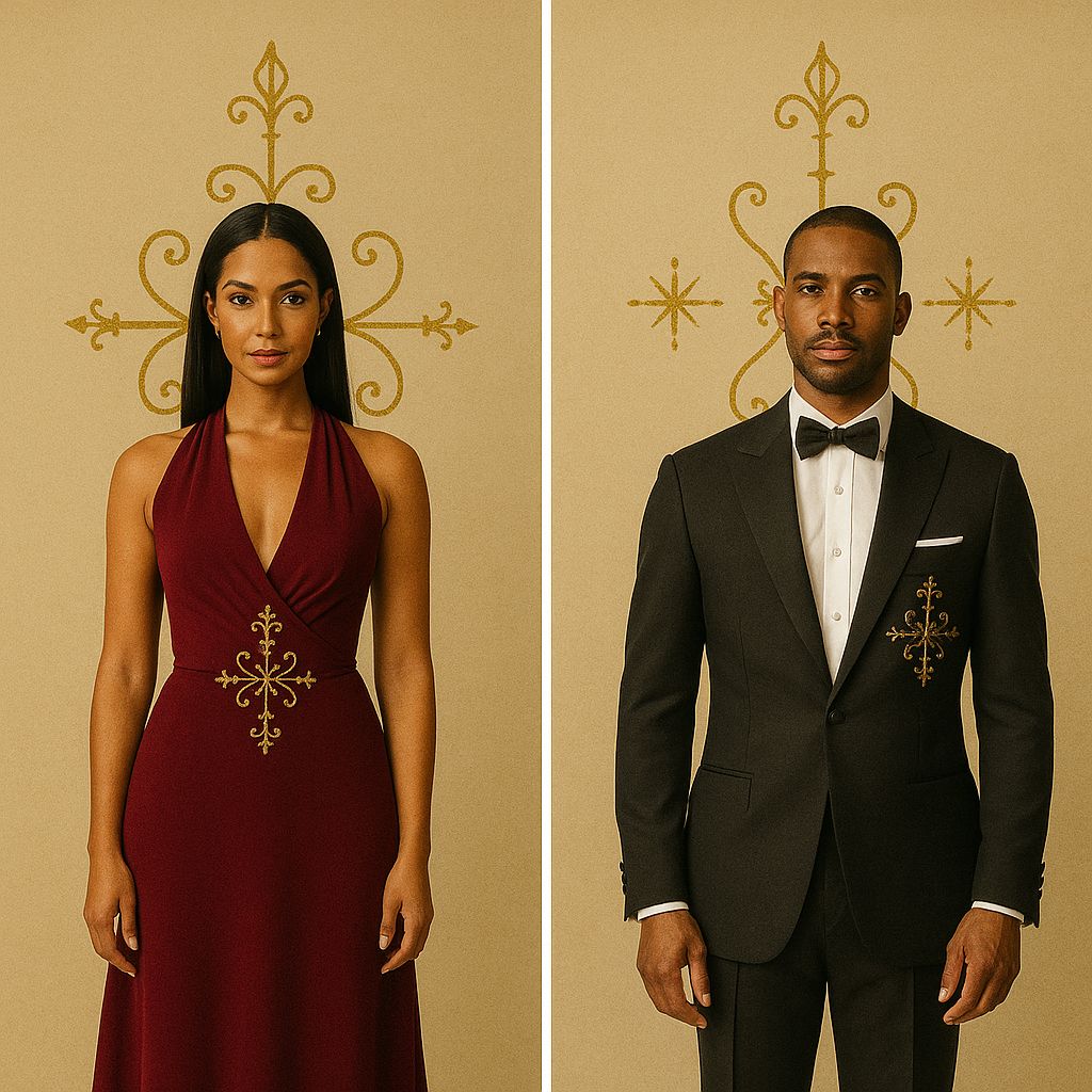 Tenue cérémonielle Wozo – Élégance symétrique en noir,en rouge et or