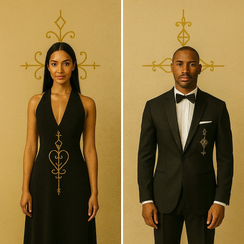 Tenue cérémonielle Wozo – Élégance symétrique en noir,en rouge et or